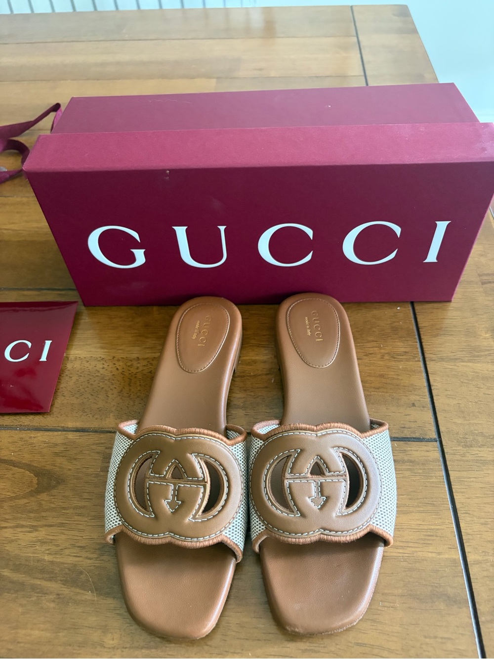 Gucci Brown Leather & Beige Canvas Sandals